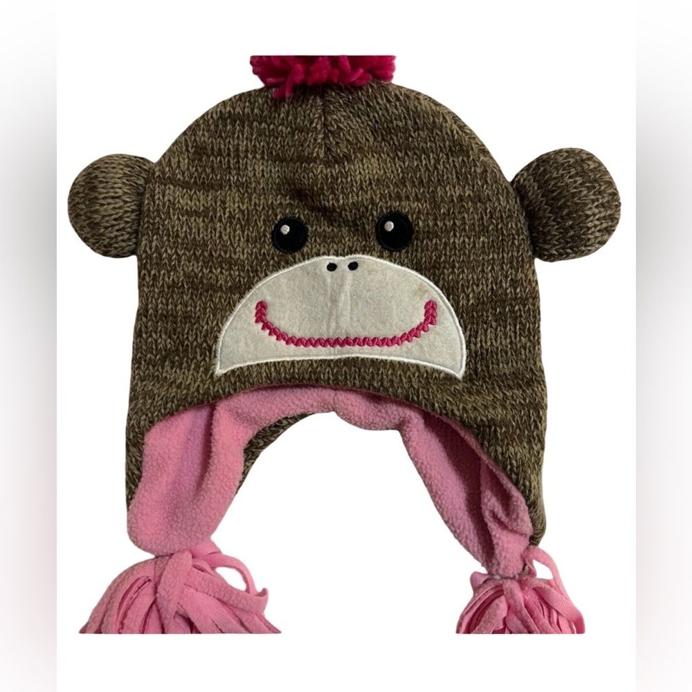 Adorable brown and pink winter monkey hat with pink pom poms